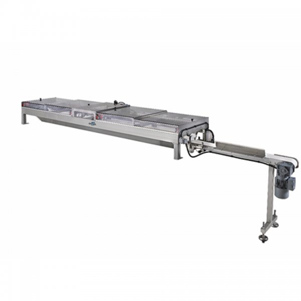 Automatic charging of dough pieces on swing tray proofer or belt proofer with glimek V-belt charging system.